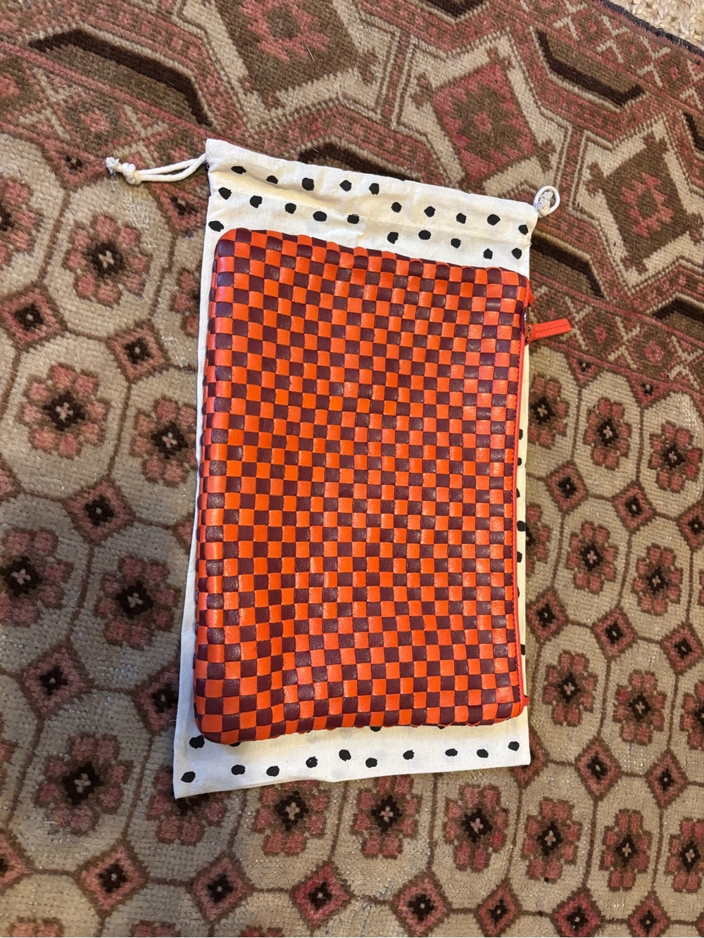 Clare V Flat Clutch w/ Tabs - Bright Poppy & Bordeaux woven checker